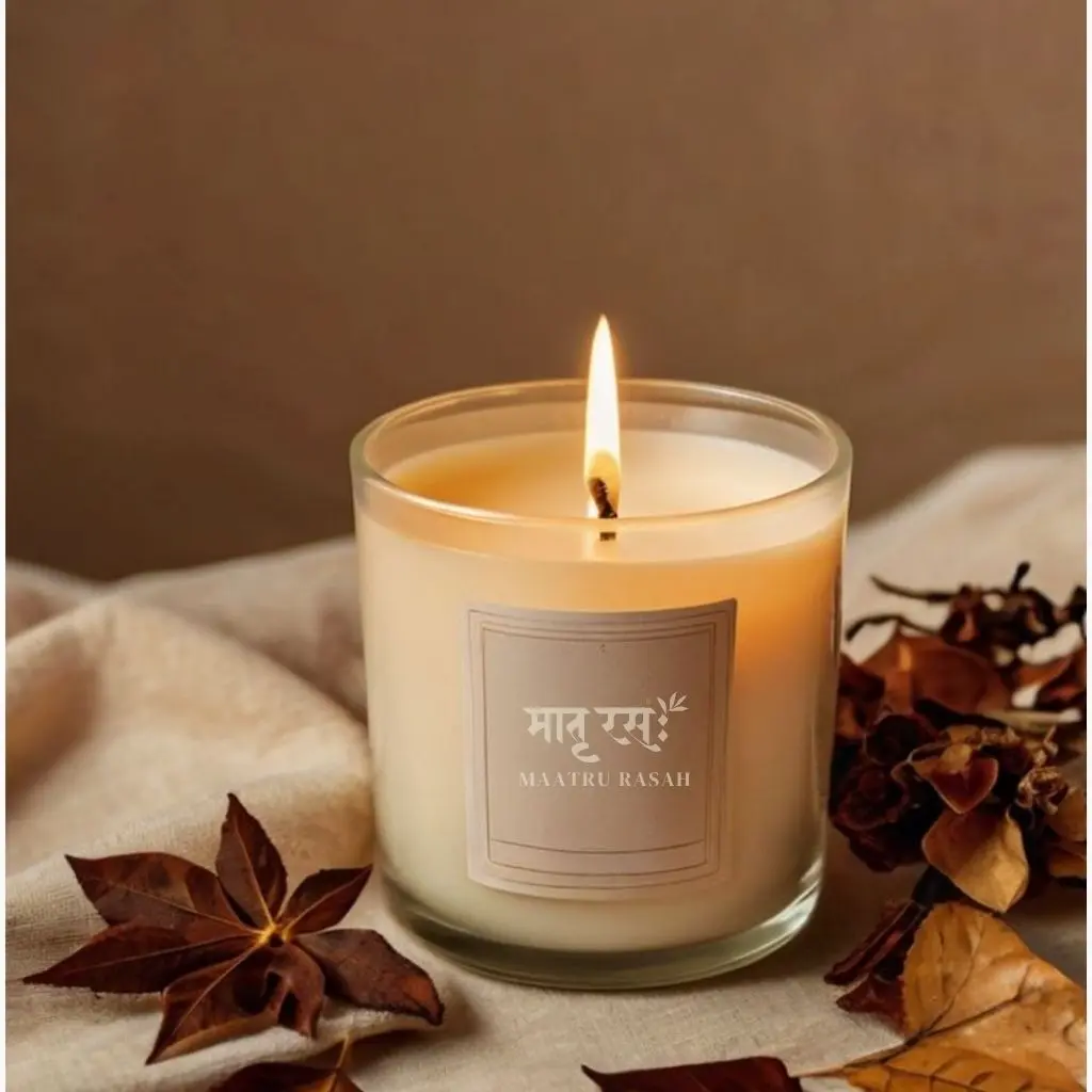 Handmade Aroma Candles with Essential Oils | Soy Wax Scented Candles – Maatru Rasah Scented soy wax candle with Maatru Rasah label, surrounded by star anise and cinnamon – natural hand-poured aromatherapy candle.