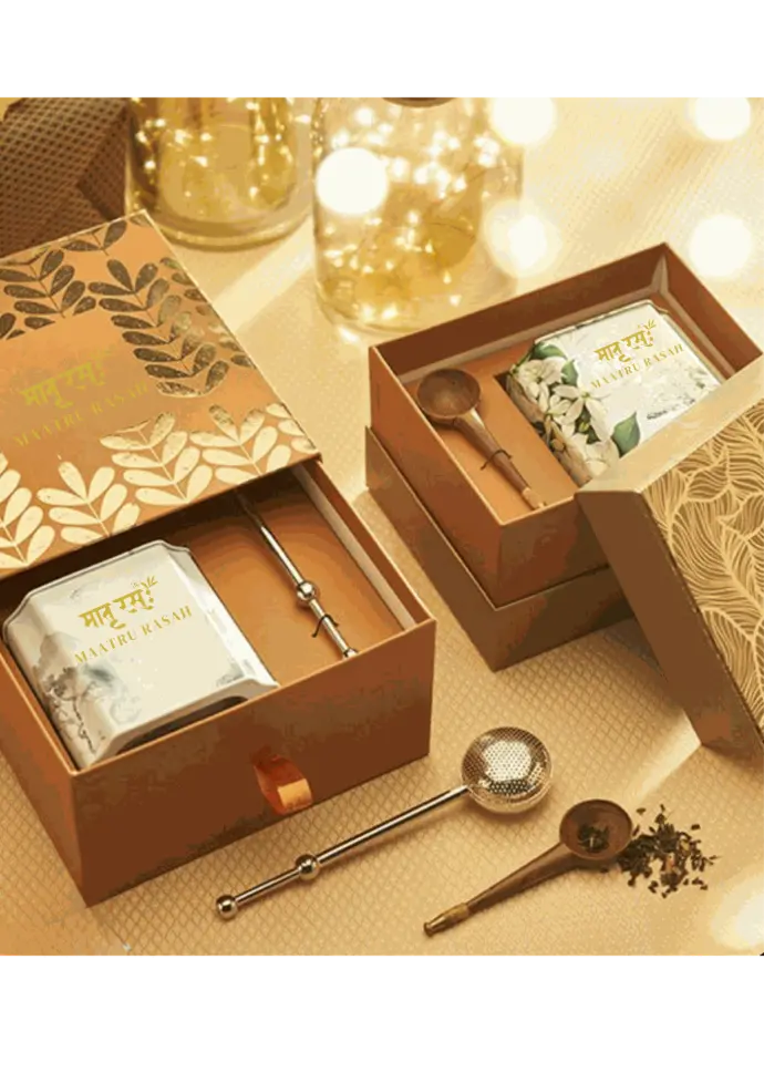 Luxury handcrafted gift box with tea and wellness items by Maatru Rasah"