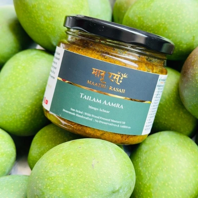 Tailam Aamra mango achaar with kala chana in wood-pressed mustard oil