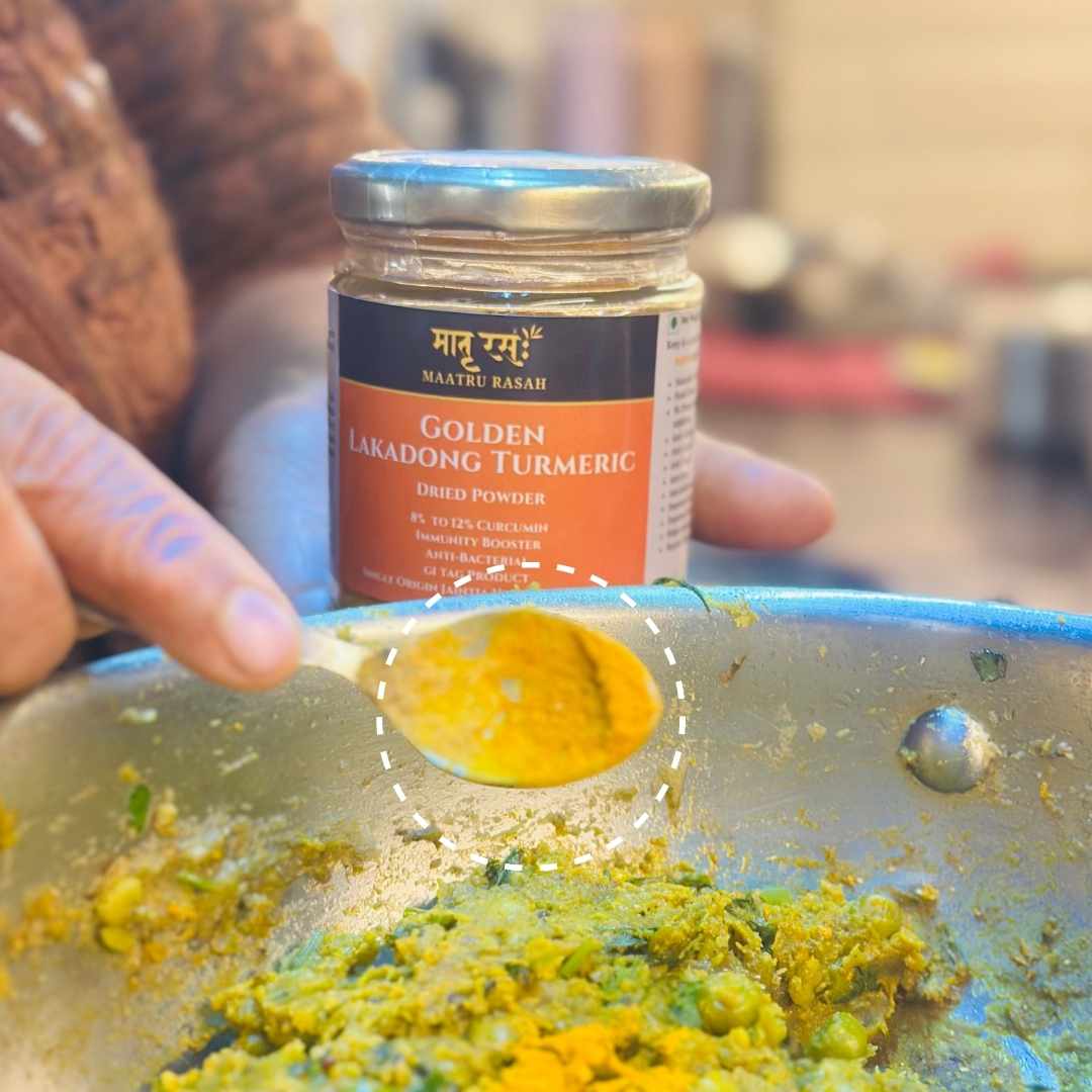 Lakadong turmeric used in our recipes Lakadong turmeric beside ordinary haldi, showing the deeper colour of higher curcumin. Maatru Rasah