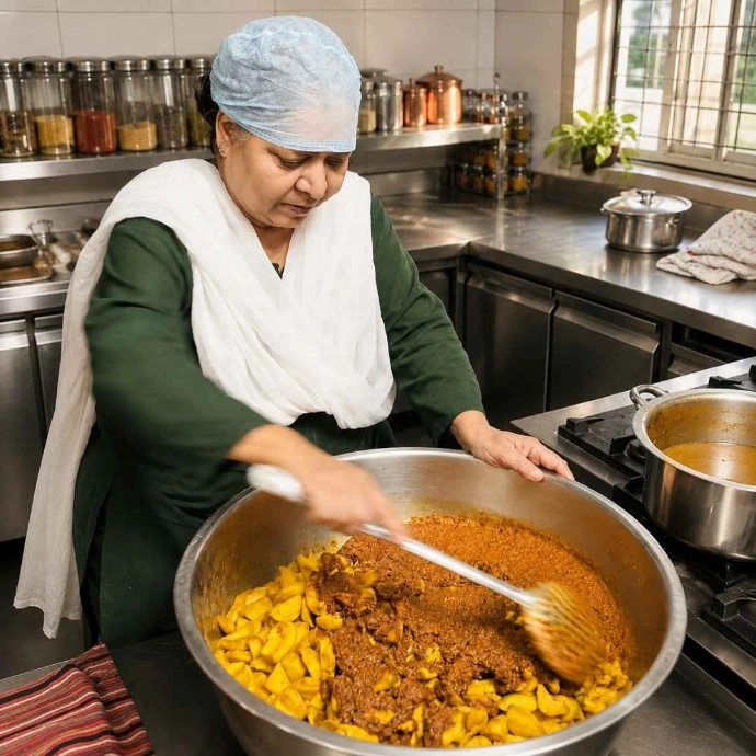 Jeerakam Aamra oil-free mango pickle being prepared with raw kairi and cumin masala. Maatru Rasah.