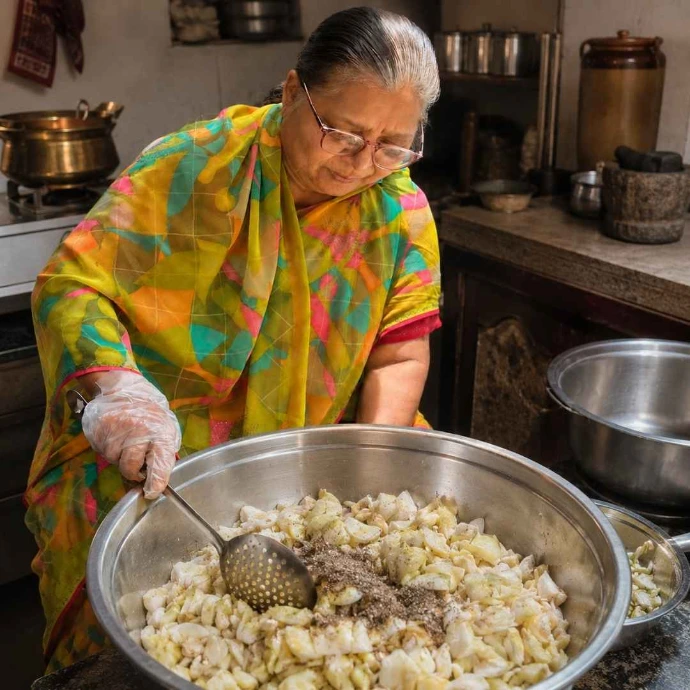 Uma Agarwal preparing Phalahari Aamra fasting mango pickle with raw kairi and rock salt in the Maatru Rasah kitchen.