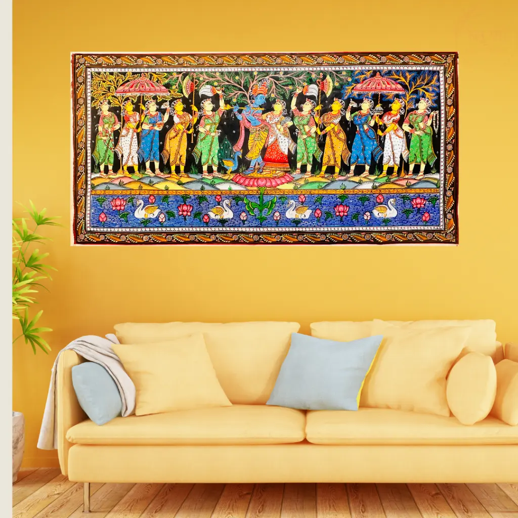 Eternal Dance of Love: Lord Krishna and Radha in Pattachitra Art Painting For Home Wall Art Decor