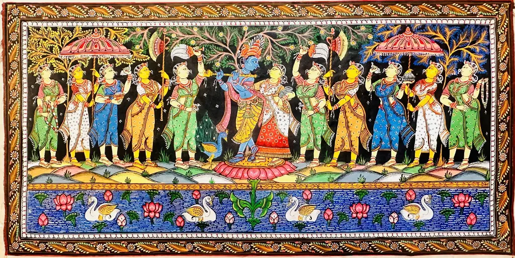 Eternal Dance of Love: Lord Krishna and Radha in Pattachitra Art Painting For Home Wall Art Decor